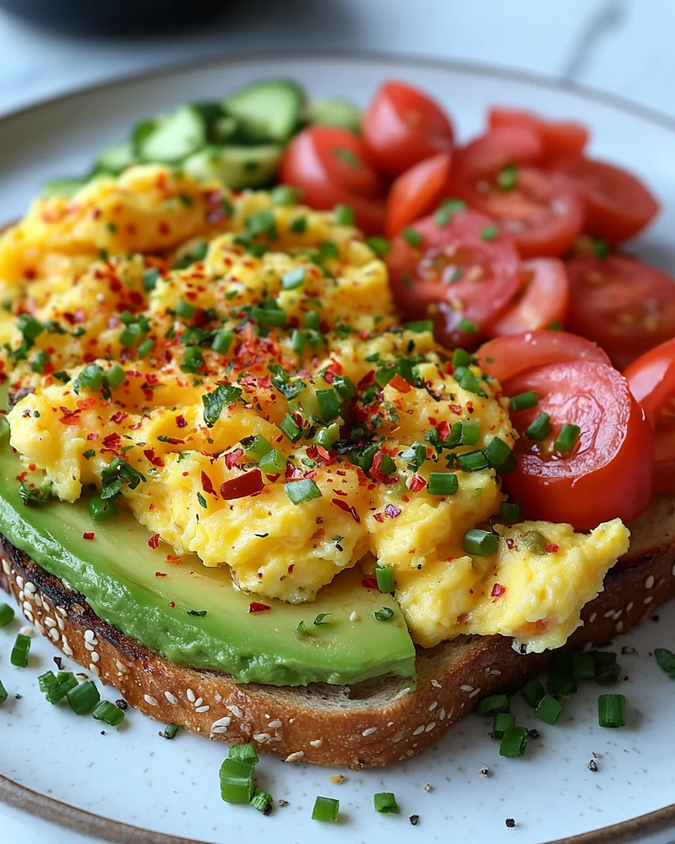 Quick Avocado Toast with Scrambled Eggs and Veggies